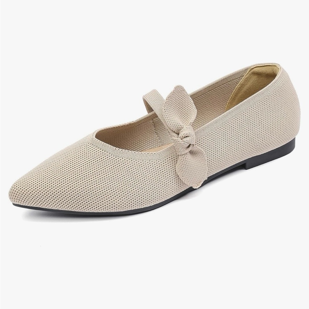 Women's Beige Pointed-Toe Mary Jane Knit Flats With Bow, Size 9 - Picture 14 of 14